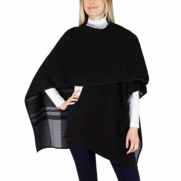 Ike Behar Blanket Poncho Black Shawl Reversible Wrap Fleece Women One Size Cozy - Picture 7 of 16